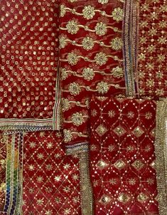 many different types of red and gold fabrics