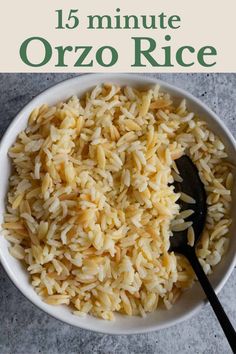 a white bowl filled with brown rice and the words 15 minute orzo rice above it