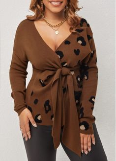 Size:S;Color:Dark Camel;Package Contents:1 X Sweater;Style:Casual;Composition:80% Acrylic, 20% Polyester;Washing Instructions:Hand Wash;Clothing&apos;s Length:Regular;Neckline:V Neck;Sleeve&apos;s Length:Long Sleeve;Color Scheme:Coffee Camel;Pattern Type:Letter;Occasion:Staycation;Decoration:Tie;Season:Winter; Leopard Sweater, Brown Tie, Trendy Sweaters, Night Wedding, Party Dinner, Comfortable Sweater, Cold Shoulder Long Sleeve, Sweater Style, Brown Leopard