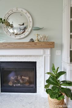 a fireplace with a mirror above it and a potted plant in front of it