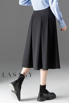 Lasaky - Classic Black High-Waisted Pleated Midi A-Line Umbrella Skirt Stretch A-line Bottoms For Fall, Non-stretch Black Long Pleated Skirt, Black Non-stretch Long Pleated Skirt, Non-stretch Pleated A-line Bottoms, Black Stretch A-line Bottoms, Black Non-stretch High-waisted Pleated Skirt, Non-stretch High Waist Black Pleated Skirt, Black Non-stretch Pleated Skirt For Fall, Pleated Non-stretch Skirt For Workwear