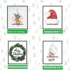 four different christmas cards with the words code not working, merry christmas wreath, pine cone wreath, and santa hat