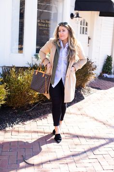 Menswear Fashion Inspired featured by top US fashion blog Coffee Beans and Bobby Pins; Image of a woman wearing J.Crew skinny jeans, J.Crew mules, Gap shirt, Nordstrom jacket and Louis Vuitton bag. Faux Leather Leggings Outfit, Petite Fashion