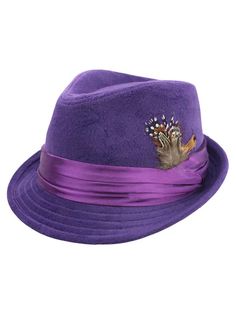 PRICES MAY VARY. Sophisticated fedora crafted in faux felt wool. This classy wool hat is finished off with sleek self-colored lining. Band accented by a flourish of feathers. H04198 A satin band trims the crown of a felted fedora crafted in a bold hue for a stylish upgrade you can tip your hat to. A charming feather finishes this look in classic flare. 
Sophisticated fedora crafted in faux felt wool.

This classy wool hat is finished off with sleek self-colored lining.

Band accented by a flouri Womens Fedora Hat, Hat With Feather, Purple Hat, Wool Fedora Hat, Womens Fedora, Faux Fur Hat, Fedora Hat Women, Purple Feather, Hat Wool