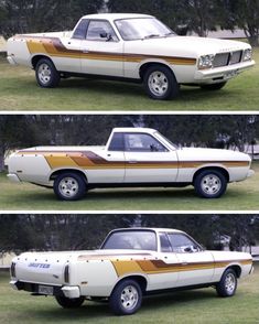 three different pictures of a white car with brown stripes on the front and back sides