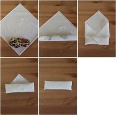 four pictures show how to fold paper into napkins