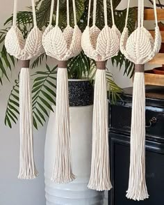 several macrame balls hanging from the ceiling in front of a potted plant