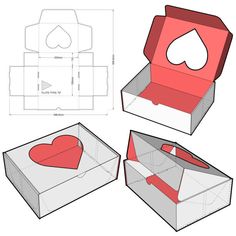 an open box with a heart cut out from it and the inside is shown in red