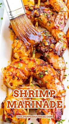 Brushing grilled shrimp with delicious shrimp marinade. Best Shrimp Marinade, Shrimp Marinade Recipes, Best Grilled Shrimp, Grilled Shrimp Marinade, Easy Grilled Shrimp Recipes, Spicy Food Recipes, Sweet And Spicy Shrimp, Chili Pepper Recipes, Shrimp Marinade