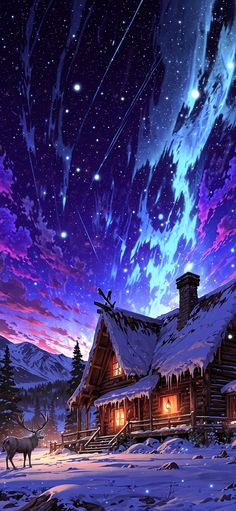 an image of a cabin in the snow at night with stars and shooting comets