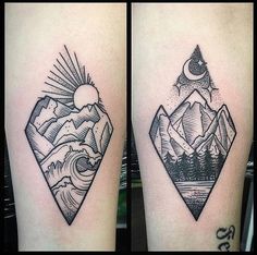 two tattoos with mountains and trees on them