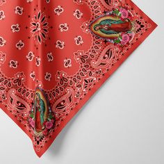 a red bandana with an image of a woman on it