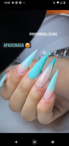 Nail Designs Stilleto Long, Teal Stiletto Nails, Stelleto Nails, Tiffany Blue Nails, Glitter Gel Nail Designs, Acrylic Nails Yellow, Pink Stiletto Nails