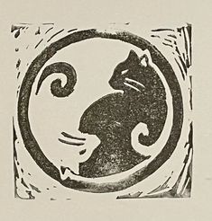 a black and white drawing of a cat in a circle