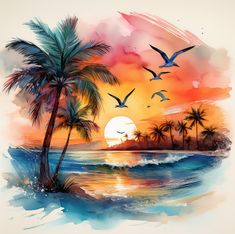 watercolor painting of sunset with palm trees and birds