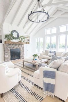 a living room filled with furniture and a fire place in the middle of an open floor plan