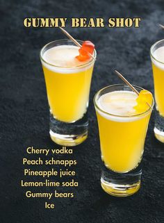 three glasses filled with orange juice and garnished with cherry on the rims