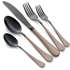 four forks, two spoons and one knife on a white background