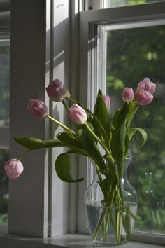 a vase filled with pink tulips sitting on top of a window sill