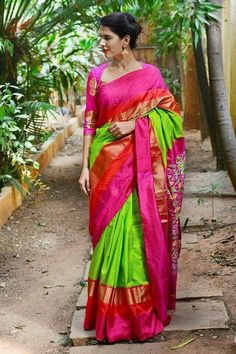 Handwoven pure silk ikkat pochampally saree with an attached blouse piece. The above ikkat saree is made of pure silk. Ikat is a type of weaving technique used to create a distinct style of textile patterns. Ikat is done by resist dyeing sections of the yarns prior to weaving the fabric & this type of weaving technique needs skilled weavers. Shop from the most trusted Weavers Connect - directly from the weavers. Fabric - pochampally ikkat silk Saree length ~ 6.3 mts ( with blouse) Blouse piece: Saree Colors, Uppada Pattu Sarees, Checks Saree, Blouse Ideas, Silk Saree Blouse Designs, Blouse Designs Silk, Wedding Sarees, Silk Saree Blouse, Blouse Neck