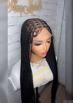 "Black is sold, only available in green & can customize your preferred color on black human hair base  After purchase during checkout , add a note of the color you prefer Wig  on white top mannequin  Transparent full lace mini knotless  black braid wig (no wig cap)  Wig on yellow top mannequin  Transparent  full lace small knotless black braid wig in color green  (no wig cap)  Ready to ship  30\"  length  Color  just as picture shows  Lace type: Full lace wig   Hair type: BASE  hair is  transpar Black Women Lace Front Wigs, Full Lace Braided Wig, Knotless Braided Wig, Braids Dreadlocks, Distressed Locs, Small Knotless, Braided Wigs For Black Women, Lemonade Braids Hairstyles, Hair Base