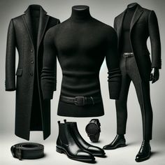 Outfit Suggestion: Top: Start with a black, slim-fit, roll-neck sweater. This piece is both classic and versatile, offering sleek lines and a flattering silhouette that enhances the muscular build.  Outer Layer: Layer with a long, tailored overcoat in a dark hue, such as charcoal grey or deep navy. The coat's length and cut add an element of drama and sophistication, perfect for a mysterious aura.  Trousers: Opt for tailored trousers in a dark shade that complements the overcoat. A subtle texture or a fine herringbone pattern can add depth to the outfit without overwhelming it.  Footwear: Choose sleek, black leather boots with a minimalistic design. The boots should offer a balance between elegance and practicality, with a slight heel to add stature. Dress Suits For Men