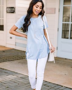 layer this best seller under a cardigan or pair it with shorts for the perfect spring transition 'fit 🤩 (did we mention it's $22?!) Let's Meet Later Light Blue and Ivory Striped Top Trendy & Affordable Clothing || Live With Purpose 💕 Dress With Confidence || Text MINT to 90243 for 15% off #shopthemint #fashion #outfitinspo Fancy Fits, Live With Purpose, Cruise Outfits, Cute Spring Outfits, Mint Julep Boutique, Mint Julep, Casual Work Outfits, Affordable Clothes, Striped Tee