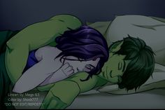 a woman laying in bed next to a man with dark hair and green skin on his face