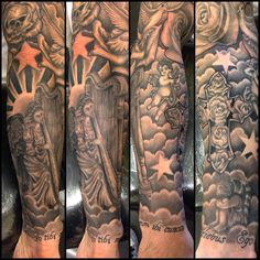 four different views of the same tattoo on someone's arm and leg, both with an angel holding a cross