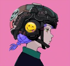 a woman with a helmet on and a smiley face