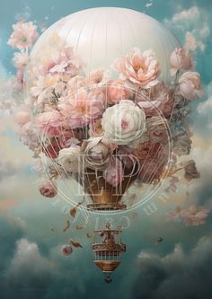 an image of a hot air balloon with flowers in it