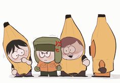 three cartoon characters standing in front of giant bananas