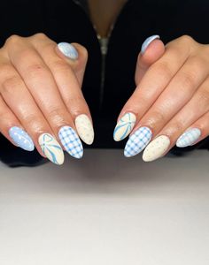 Blue Gingham Nails, Blue Nail Inspo Almond, Funky Blue Nails, Blue Bow Nails, Nail Designs Funky, Blue Coquette Nails, Blue Checkered Nails, Simple Nails French, Gingham Nails