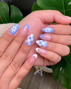 Summer Pink And Blue Nails, Blue And White Checkered Nails, Easter Chick Nails, Pastel Checkered Nails, Blue Gingham Nails, Gingham Nail Art, Blue Checkered Nails, Gingham Nails, Pastel Nail Ideas