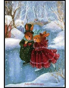 two rabbits dressed in red and green are standing on snow covered ground