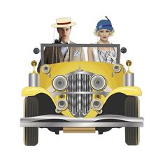 a man and woman are riding in a yellow car