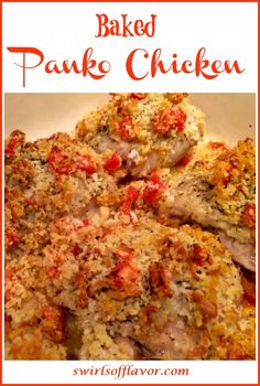 baked panko chicken with tomatoes and parmesan cheese on top is shown in this image