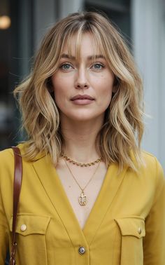 35 Gorgeous Mid-Length Haircuts with Layers You'll Love in 2024 Mustard Yellow Blouse, Straight Bangs