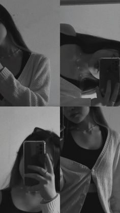 black and white photos of a woman taking a selfie with her cell phone while wearing a cardigan