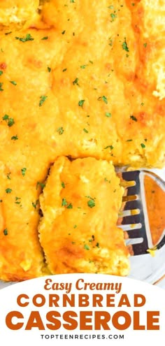 an easy creamy cornbread casserole is served on a plate with a fork