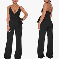 Brand New No Tags Very Light Weight And Stretchy Belted Jumpsuit Measurements Are In Picture Black Overalls For Date Night, Black Halter Neck Jumpsuit For Going Out, Black Halter Neck Jumpsuit For Party, Black Halter Neck Jumpsuit For Night Out, Black Strapless Halter Neck Jumpsuit For Night Out, Black Sleeveless Jumpsuits And Rompers For Date Night, Black Overalls For Party, Black Sleeveless Jumpsuits For Date Night, Black Halter Neck Bottoms For Night Out