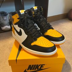 Air Jordan Retro 1 Og High - Taxi 10/10 Brand New (Never Worn Outside, Only Tried On) Comes With Original Box And Packaging Yellow Basketball Shoes With Contrast Sole, Yellow Casual Basketball Shoes With Contrast Sole, Casual Yellow Basketball Shoes With Contrast Sole, Casual Yellow Jordan Shoes For Streetwear, Casual Yellow Jordan Shoes, Yellow Lace-up Jordan Shoes For Streetwear, Yellow Jordan Shoes With Contrast Sole For Sports, Yellow High-top Jordan Shoes For Streetwear, Yellow High-top Jordan Shoes For Sports