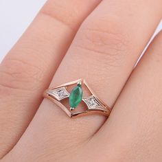 "Unique dainty & elegant 14k rose gold antique style art deco emerald promise ring for her, Antique style womens promise ring, Gift for her WE OFFER UNLIMITED PERIOD INSTALLMENTS PLAN This is a beautiful, stunning, feminine ring that works well for all occasions, styles, and ages. You will love it! Same ring in white gold: https://www.etsy.com/listing/294832061/topaz-ring-art-deco-ring-gemstone-ring?ref=shop_home_active_1 Ring information: Main stone: Emerald Approximate size: 6*3 mm Accent Antique Rings Art Deco, Emerald Promise Ring, Antique Emerald Ring, Art Deco Emerald, Promise Ring For Her, Marquise Ring, Promise Ring Gift, Style Art Deco, Fancy Gifts