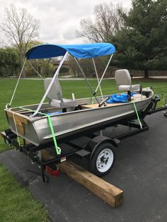 a small boat is parked on the trailer