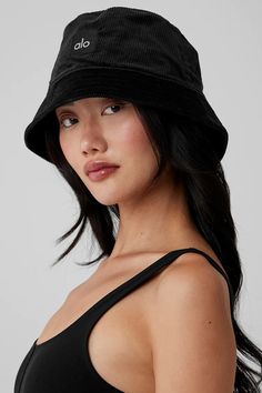 Corduroy Neighborhood Bucket Hat - Black | Alo Yoga Adjustable Corduroy Bucket Hat, Casual Black Corduroy Hat, Black Bucket Hats, Corduroy Outfit, Cute Bucket Hat, Black Bucket, Bucket Hat Black, Woman Back, Back Women