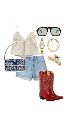 Red cowboy boots, cute country outfit, tailgate outfit, arkansas gameday inspo, alabama game day inspo, georgia game day inspo, morgan wallen concert, parker mccollum concert outfit, zach bryan concert outfit Usa Country Concert Outfits, Cute Outfits For A Country Concert, Jordan Davis Concert Outfit, Kings Of Leon Concert Outfit, Red Cowboy Boots Outfit Concert, Parker Mccollum Concert Outfit, Parker Mccollum Concert, Kenny Chesney Concert Outfit