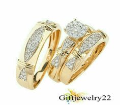 two gold wedding rings with diamonds on them