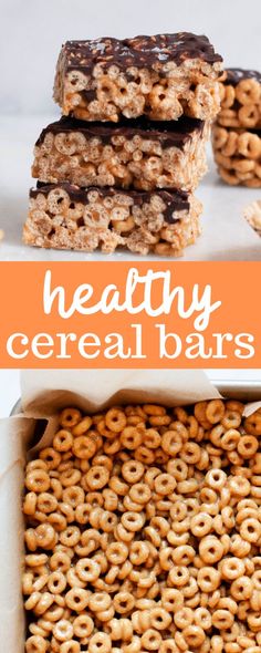 healthy cereal bars stacked on top of each other with chocolate and pretzels in the middle