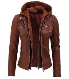 100% Real Lambskin. Internal full lined with soft polyester.  Removable hood and smooth zip YKK closure. Four zipped exterior pockets. One inside pocket. Extra inside pocket for cell phone. Brown finishing that pairs with any dress code. Hooded Brown Leather Jacket for women is the latest addition that will give you a dual style regardless of age or season. Featured with adjustable drawstrings and removable hood. You can style it with or without hoodie. Perfect for every day travel. Hooded Leather Jacket, Dark Brown Leather Jacket, Vintage Style Jacket, Moto Leather Jacket, Cafe Racer Leather Jacket, Womens Moto Jacket, Personalized Jacket, Leather Jacket With Hood, Lambskin Leather Jacket