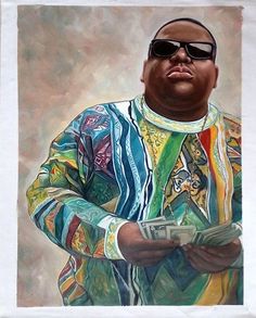 a painting of a man with sunglasses on and money in his hand, wearing a colorful shirt